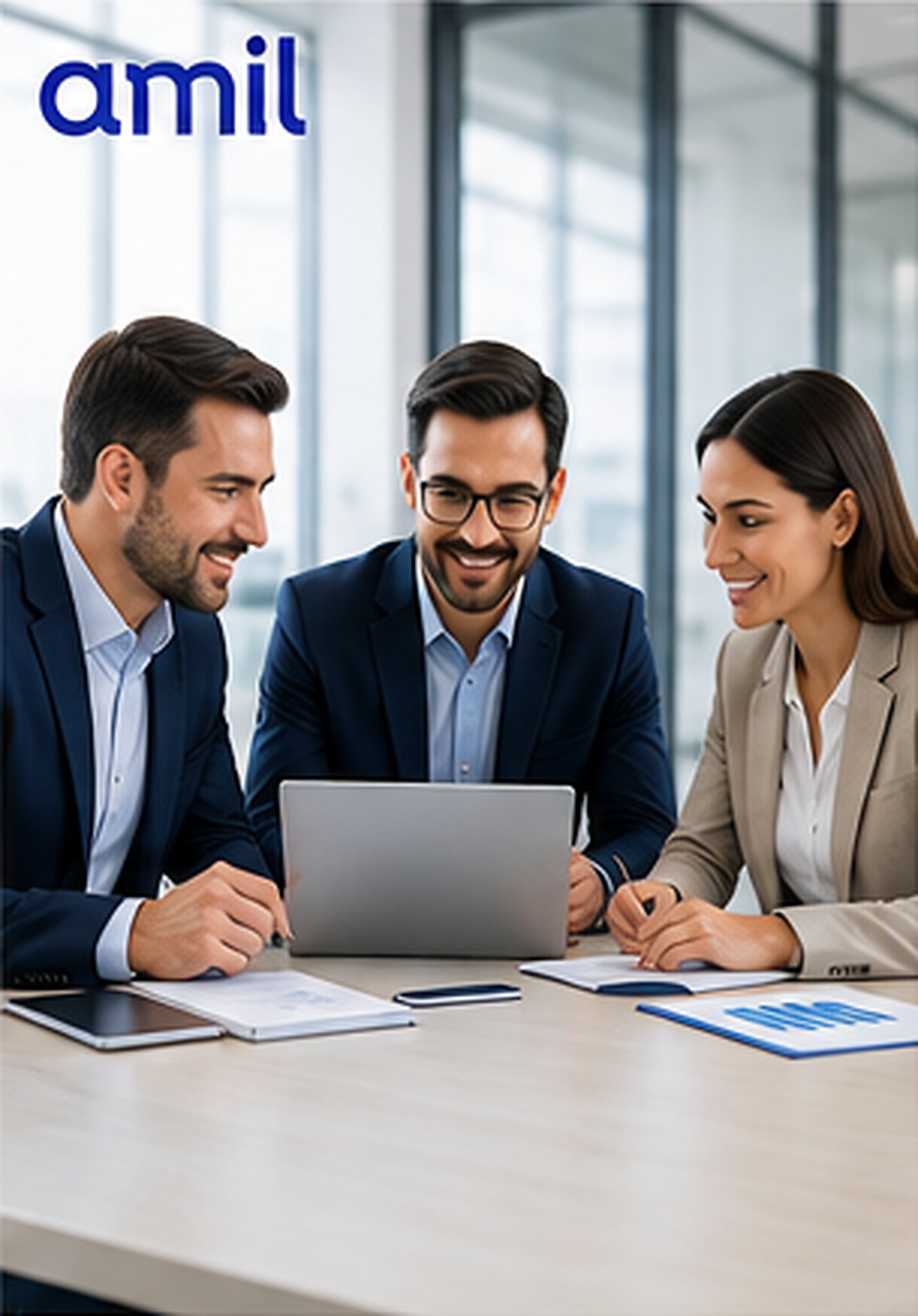 Equipe corporativa analisando benefícios de plano de saúde empresarial